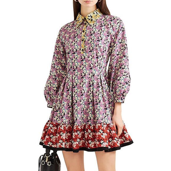 Valentino Colorblock Floral Pleated Shirt Dress Red Yellow Purple Collared IT 42 - Picture 1 of 16